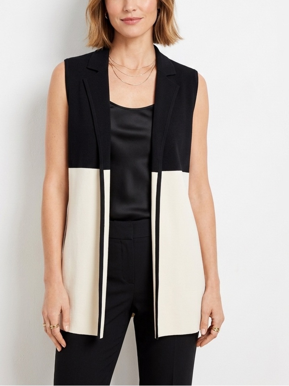 Black and Cream Colorblock Open Front Vest